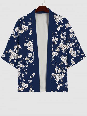 Men's Flower Crane Sun Print Open Front Kimono Top - DEEP BLUE - 4XL