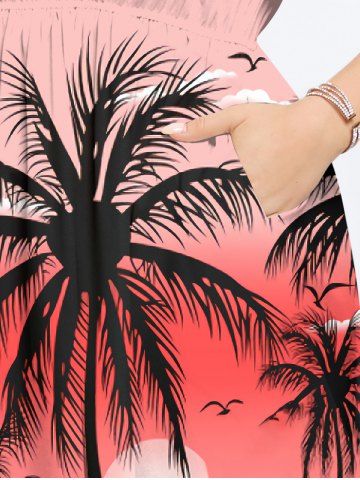 Plus Size Coconut Tree Sea Beach Ombre Sky Sun Printed Hawaii Split Pocket A Line Dress