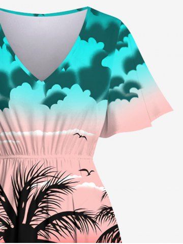 Plus Size Coconut Tree Sea Beach Ombre Sky Sun Printed Hawaii Split Pocket A Line Dress
