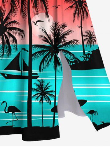 Plus Size Coconut Tree Sea Beach Ombre Sky Sun Printed Hawaii Split Pocket A Line Dress