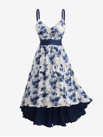 Plus Size Jacquard Cut Flower Chain Decor Ruched Asymmetric High Low Dress - DEEP BLUE - L | US 12