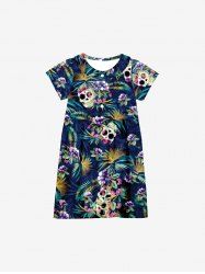 Kid's Coconut Tree Leaf Skull Floral Print Hawaii Button Dress -  