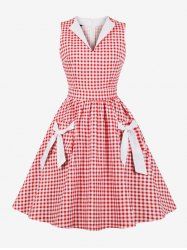 Plus Size Plaid Print Bowknot Pockets Ruched Zipper 1950s Vintage Dress -  