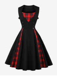 Plus Size Plaid Print Patchwork Buttons 1950s Vintage Dress -  