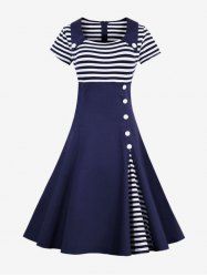 Plus Size Stripes Print Buttons Patchwork Asymmetrical Zipper 1950s Vintage Dress -  