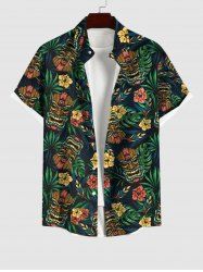 Plus Size Tiki Mask Palm Leaf Hibiscus Flowers Print Buttons Pocket Hawaii Shirt For Men -  
