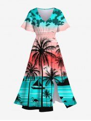 Plus Size Coconut Tree Sea Beach Ombre Sky Sun Printed Hawaii Split Pocket A Line Dress -  