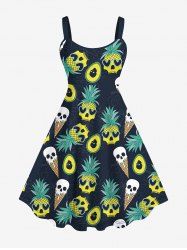 Robe Trapèze D'Ananas Crâne Cœur Glace Imprimés de Grande Taille sans Dos - Noir 6X