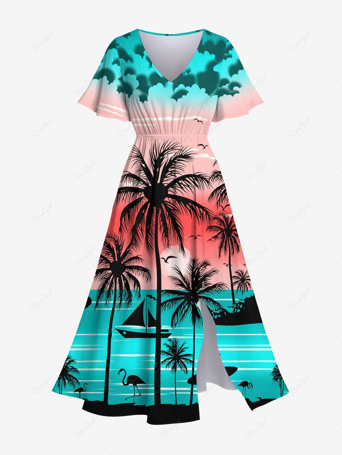 Affordable Plus Size Coconut Tree Sea Beach Ombre Sky Sun Printed Hawaii Split Pocket A Line Dress  