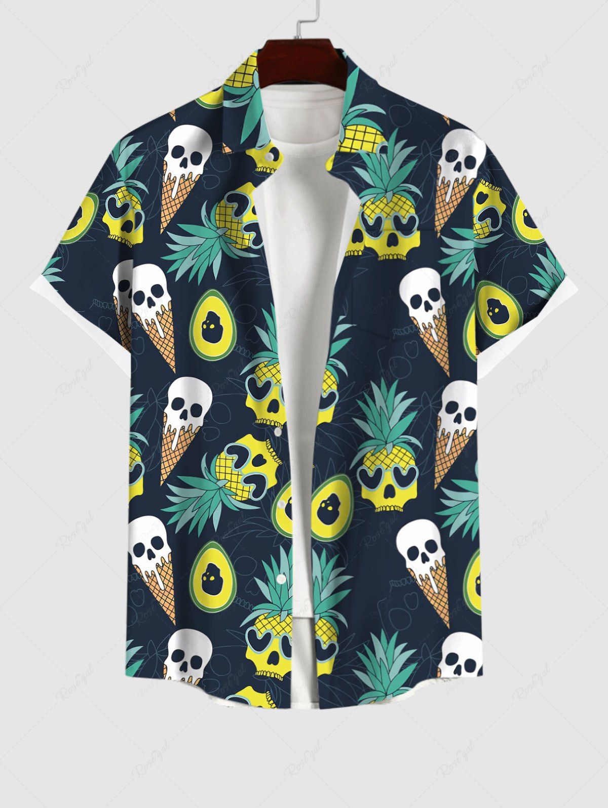 Best Plus Size Skull Pineapple Heart Ice Cream Print Hawaii Button Pocket Shirt For Men  