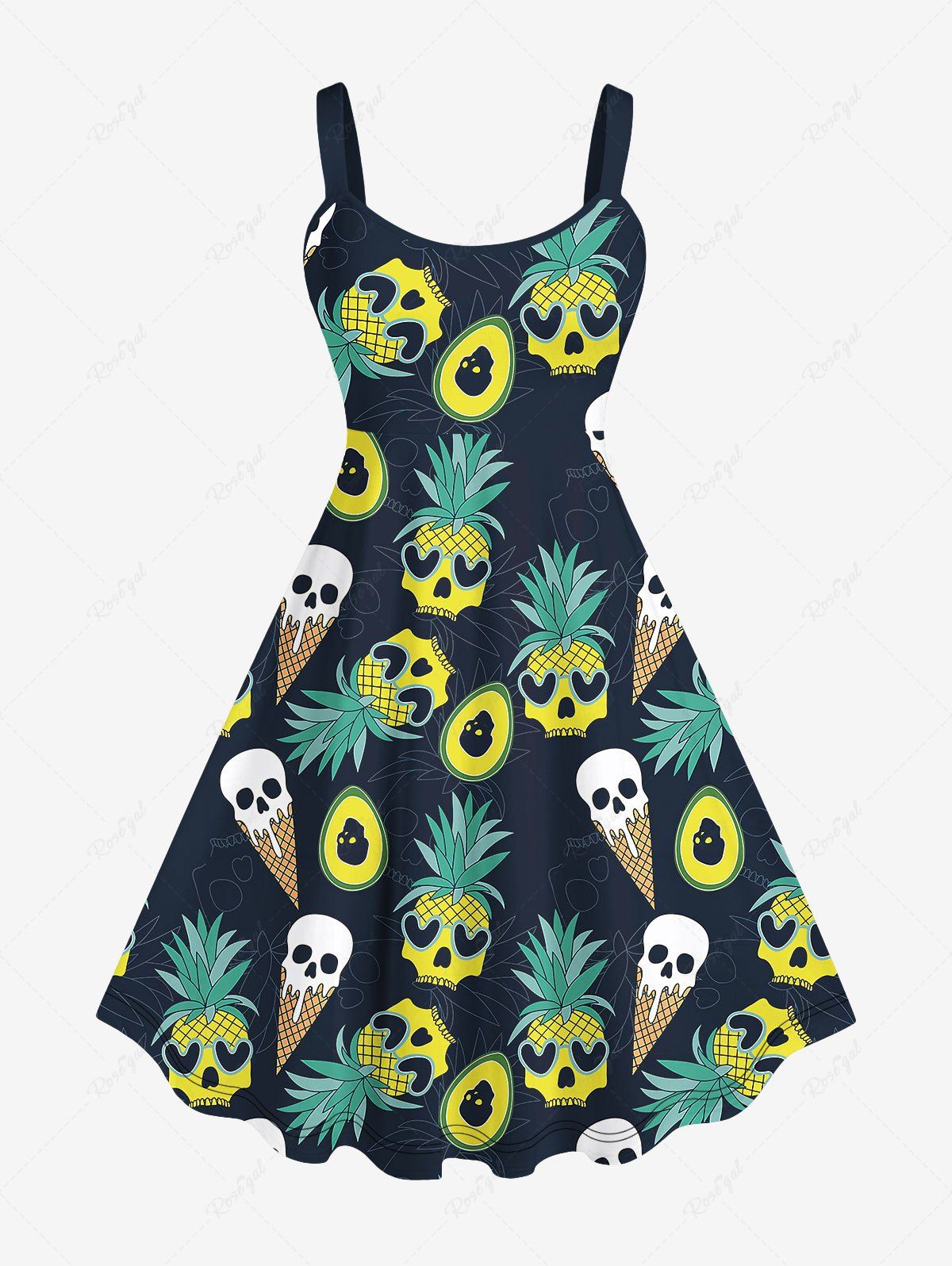 Unique Plus Size Skull Pineapple Heart Ice Cream Print Hawaii Backless A Line Tank Dress  