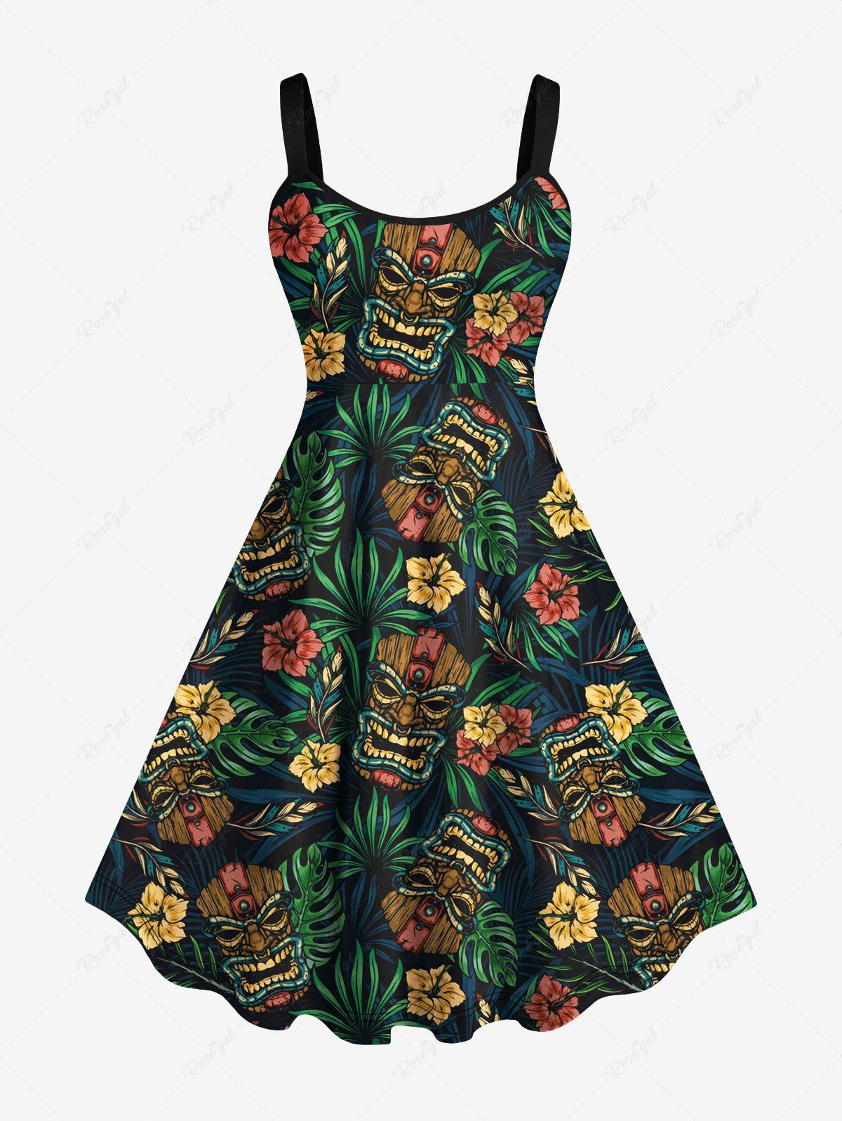 Shops Plus Size Tiki Mask Palm Leaf Hibiscus Flowers Print Hawaii Tank Dress  