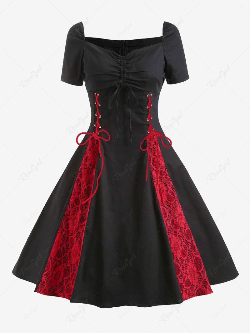 Best Plus Size Cinched Lace-up Floral Lace Patchwork Zipper 1950s Vintage Dress  
