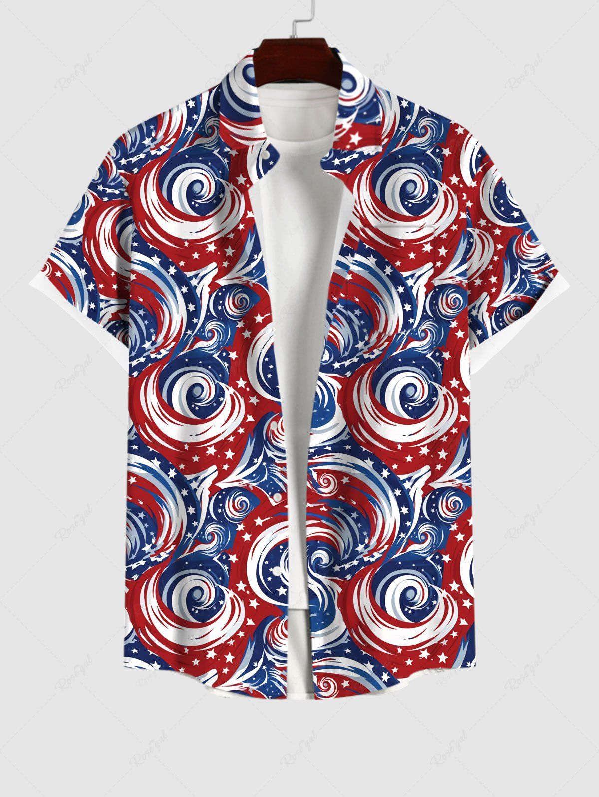 Fashion Plus Size American Flag Sea Waves Print Buttons Pocket Hawaii Shirt For Men  