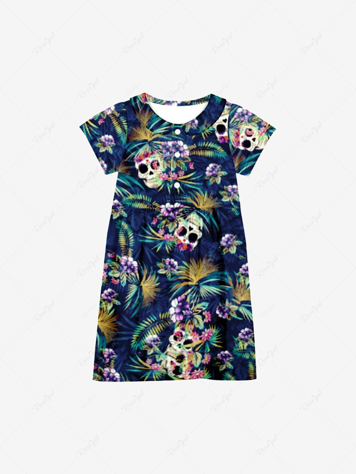 Store Kid's Coconut Tree Leaf Skull Floral Print Hawaii Button Dress  