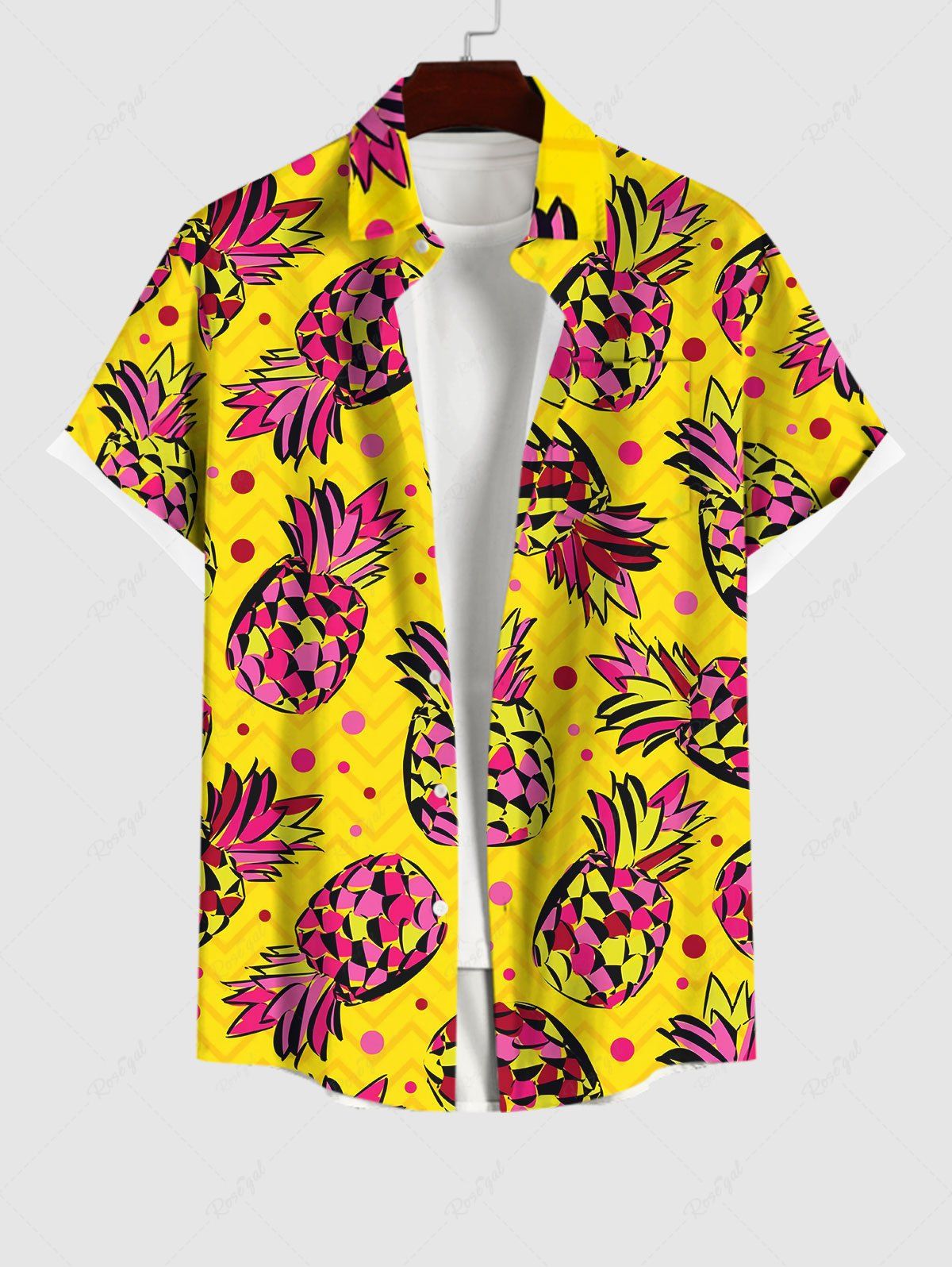 Fashion Plus Size Pineapple Print Hawaii Pocket Buttons Shirt For Men  