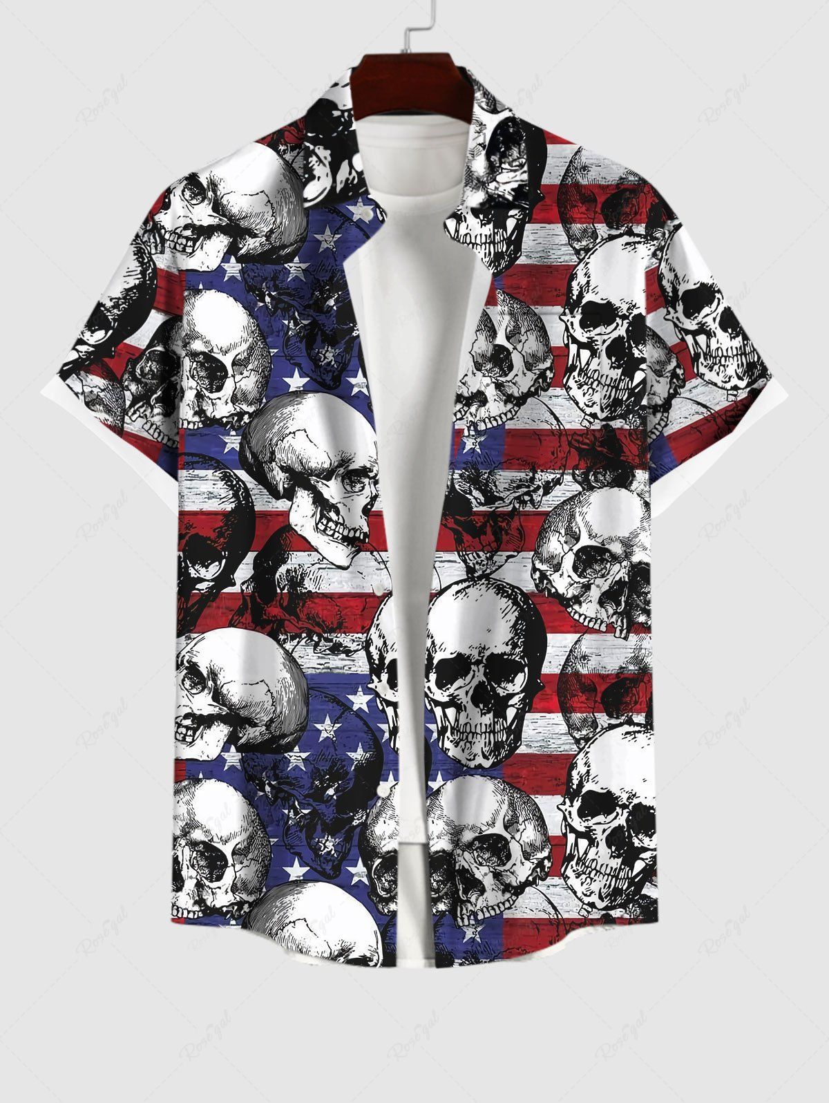 Trendy Plus Size American Flag Skulls Print Buttons Pocket Shirt For Men  