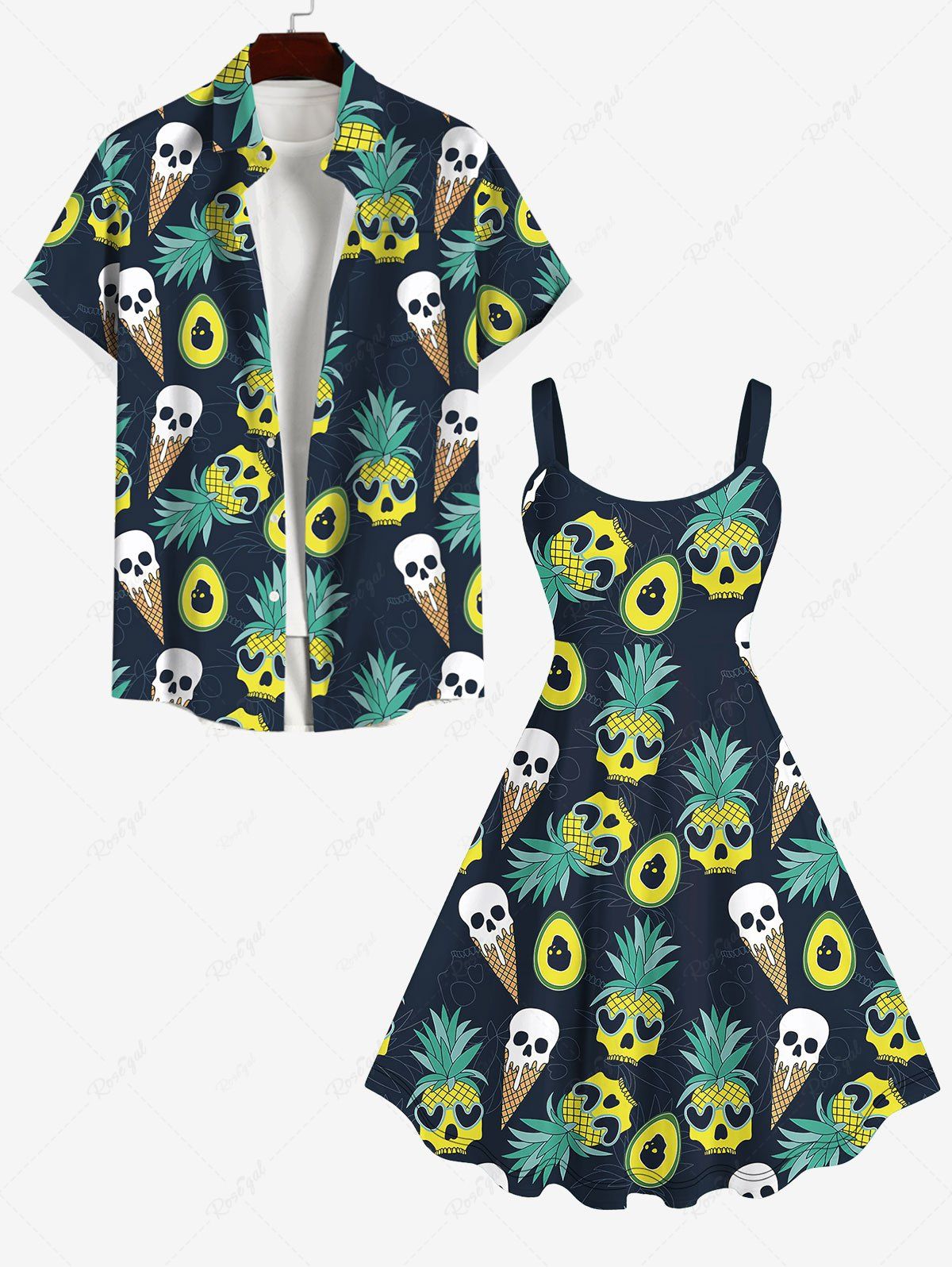 Store Skull Pineapple Heart Ice Cream Print Dress and Button Shirt Plus Size Matching Hawaii Beach Outfit For Couples  