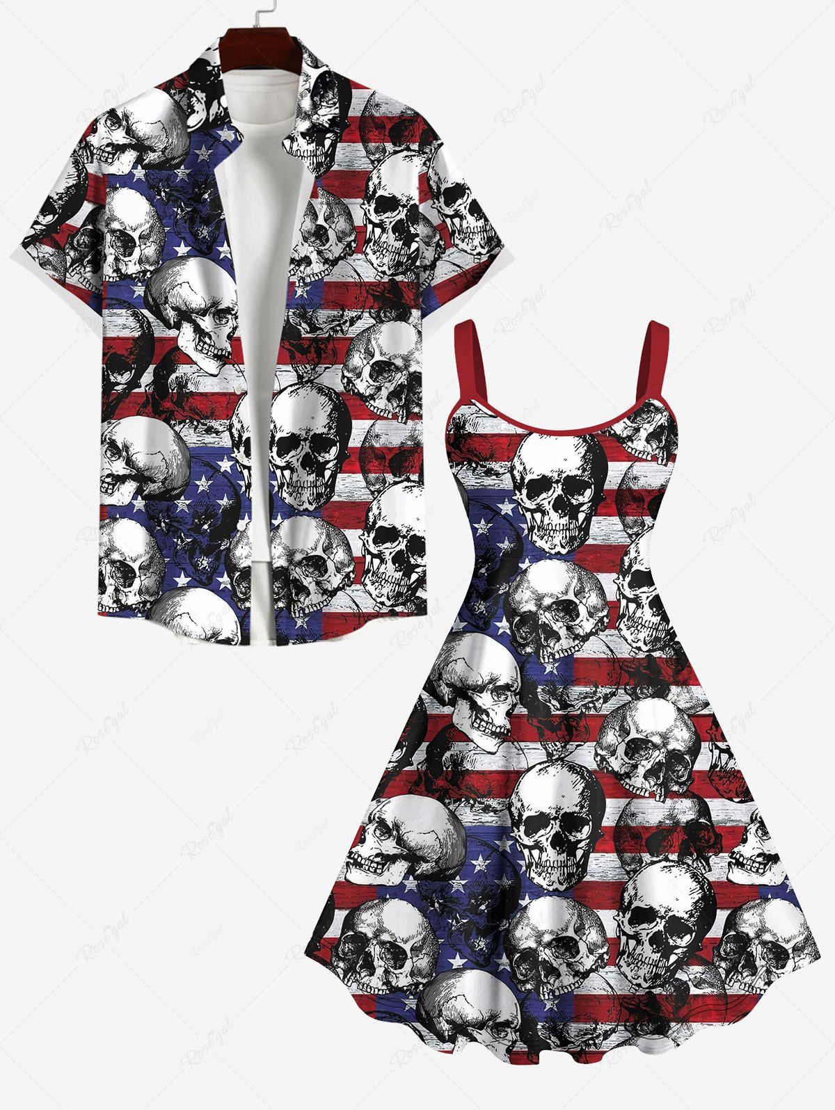Outfits Patriotic American Flag Skulls Print Plus Size Matching Outfit For Couples  