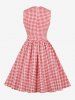 Plus Size Plaid Print Bowknot Pockets Ruched Zipper 1950s Vintage Dress -  