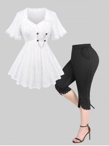 Hollow Out Heart Lace Trim Bowknot Button Chains Panel Ruffles Top and Tulip Hem Split Capri Leggings Plus Size Summer Outfit - WHITE
