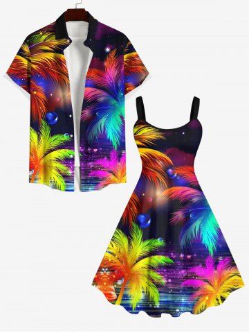 Galaxy Bubble Ombre Coconut Tree Print Plus Size Matching Hawaii Beach Outfit For Couples - MULTI-A