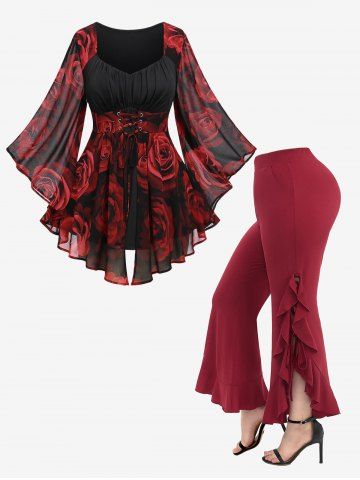 Lace Up Chiffon Floral T-shirt and Flounce Pocket Solid Bootcut Pants Plus Size Outfit - DEEP RED