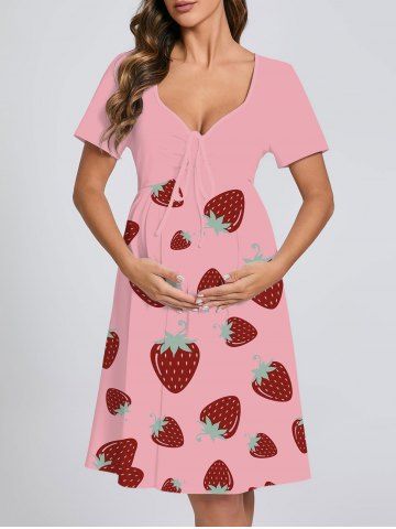 Plus Size Strawberry Print Cinched Maternity Dress - LIGHT PINK - M
