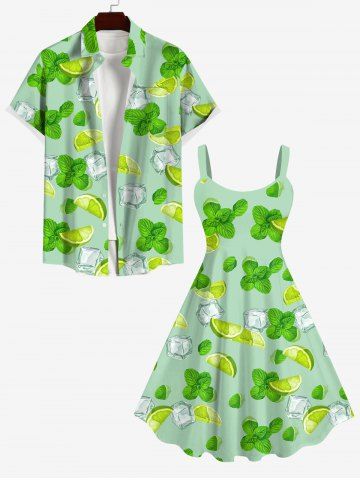 Green Tangerine Ice Mint Print Dress and Button Pocket Shirt Plus Size Matching Hawaii Beach Outfit For Couples