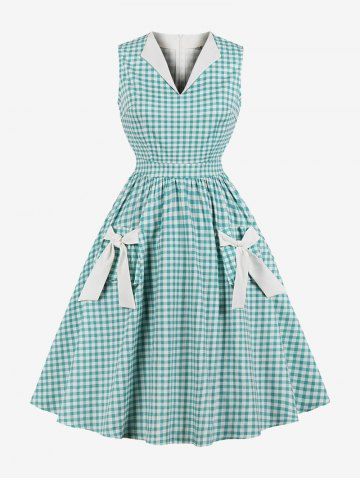 Plus Size Plaid Print Bowknot Pockets Ruched Zipper 1950s Vintage Dress - LIGHT GREEN - XL