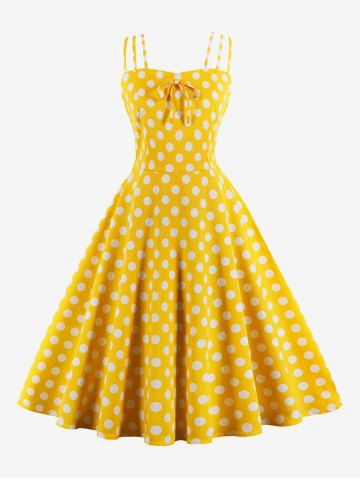 Plus Size Polka Dot Print Tie Bowknot Vintage Tank Dress - YELLOW - M