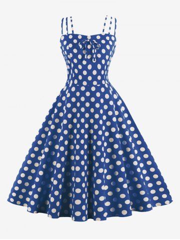 Plus Size Polka Dot Print Tie Bowknot Vintage Tank Dress - BLUE - M