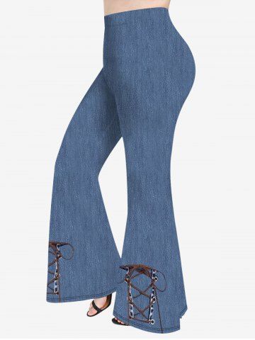 Plus Size Lace Up Denim 3D Print Flare Pants - BLUE - S