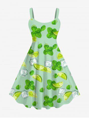 Plus Size Green Tangerine Ice Mint Print Hawaii Backless A Line Tank Dress - GREEN - XS