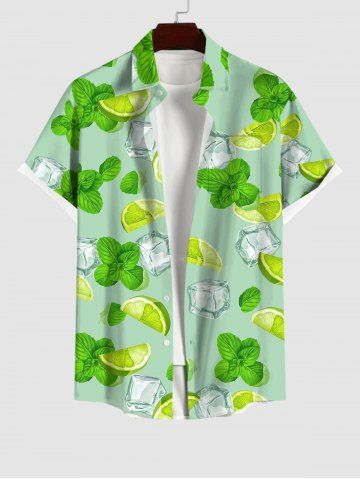 Plus Size Green Tangerine Ice Mint Print Hawaii Button Pocket Shirt For Men