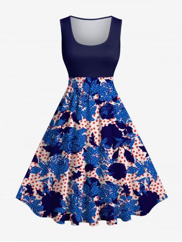 Robe Rétro Trapèze Fleur Imprimée Grande Taille à Pois - MIDNIGHT BLUE - L