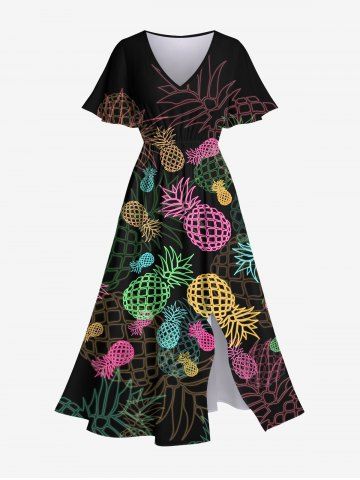 Plus Size Colorful Ombre Pineapple Print Hawaii Split Pocket A Line Dress - BLACK - S