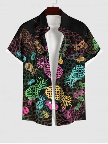 Plus Size Colorful Ombre Pineapple Print Hawaii Button Pocket Shirt For Men - BLACK - S