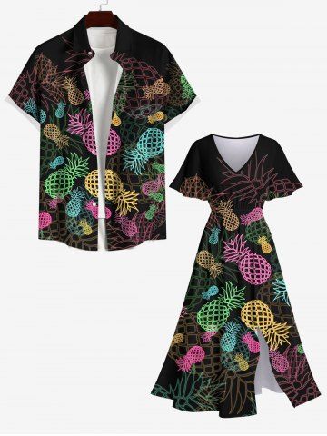 Colorful Ombre Pineapple Print Split Pocket Dress and Pocket Shirt Plus Size Matching Hawaii Beach Outfit For Couples - BLACK