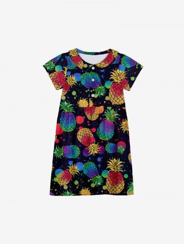 Kid's Colorful Pineapple Paint Splatter Print Buttons Peter Pan Collar Hawaii Dress - BLACK - 130