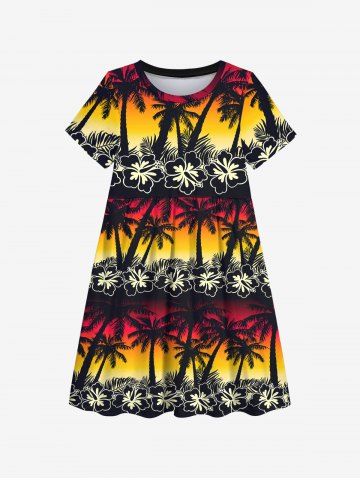 Kid's Coconut Tree Flower Ombre Colorblock Print Dress
