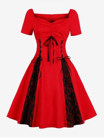 Plus Size Cinched Lace-up Floral Lace Patchwork Zipper 1950s Vintage Dress - RED - M