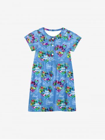 Kid's Flower Heart Letters Print Hawaii Ombre Button Dress - BLUE - 100