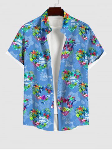 Plus Size Flower Heart Letters Print Ombre Hawaii Button Pocket Shirt For Men - BLUE - S
