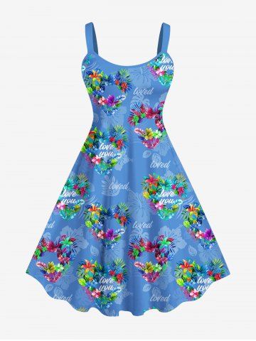 Plus Size Flower Heart Letters Print Hawaii Ombre A Line Tank Dress - BLUE - XS