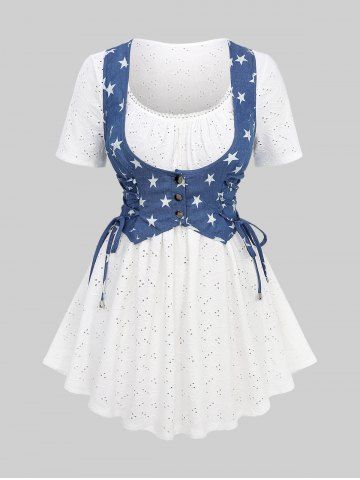 Plus Size Star Print Lace-up Buttons Lace Trim Hollow Out 2 In 1 Top - WHITE - M | US 10