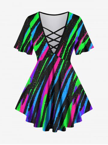 Plus Size Galaxy Stripes Graffiti Print Lattice Crisscross T-shirt - BLACK - 6X
