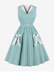 Plus Size Plaid Print Bowknot Pockets Ruched Zipper 1950s Vintage Dress -  