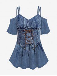 Plus Size Lace Up Ruched Corset Denim 3D Print Cold Shoulder T-shirt -  