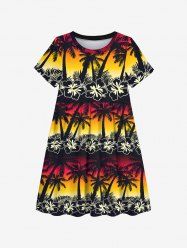 Kid's Coconut Tree Flower Ombre Colorblock Print Dress -  